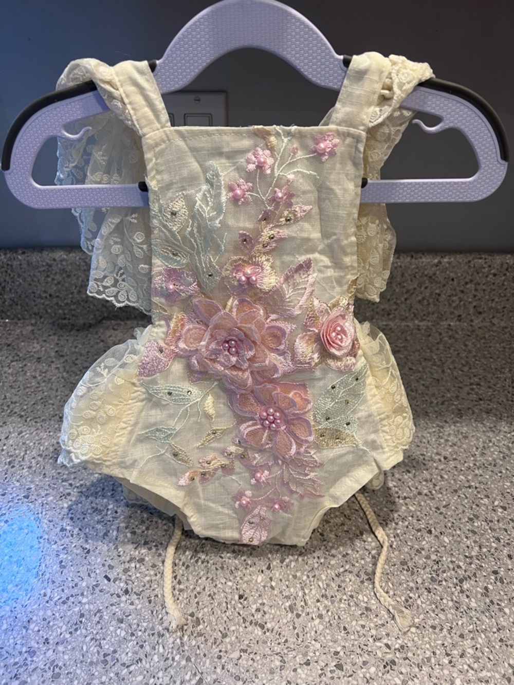 Embroidered Floral Baby Romper in Cream and Pink-NEVER USED- Beautiful!